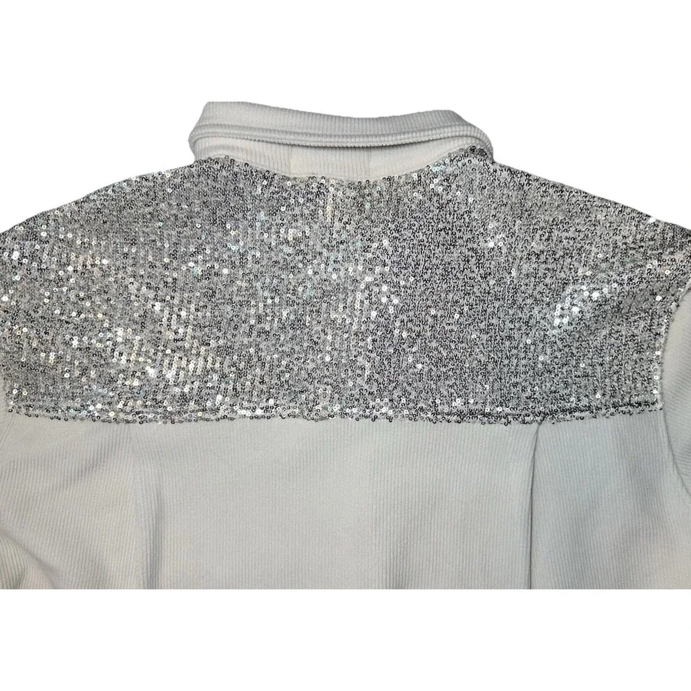 Bad Little Country Girl Women LARGE Ivory Silver Sequin Oversized Ribbed Shacket